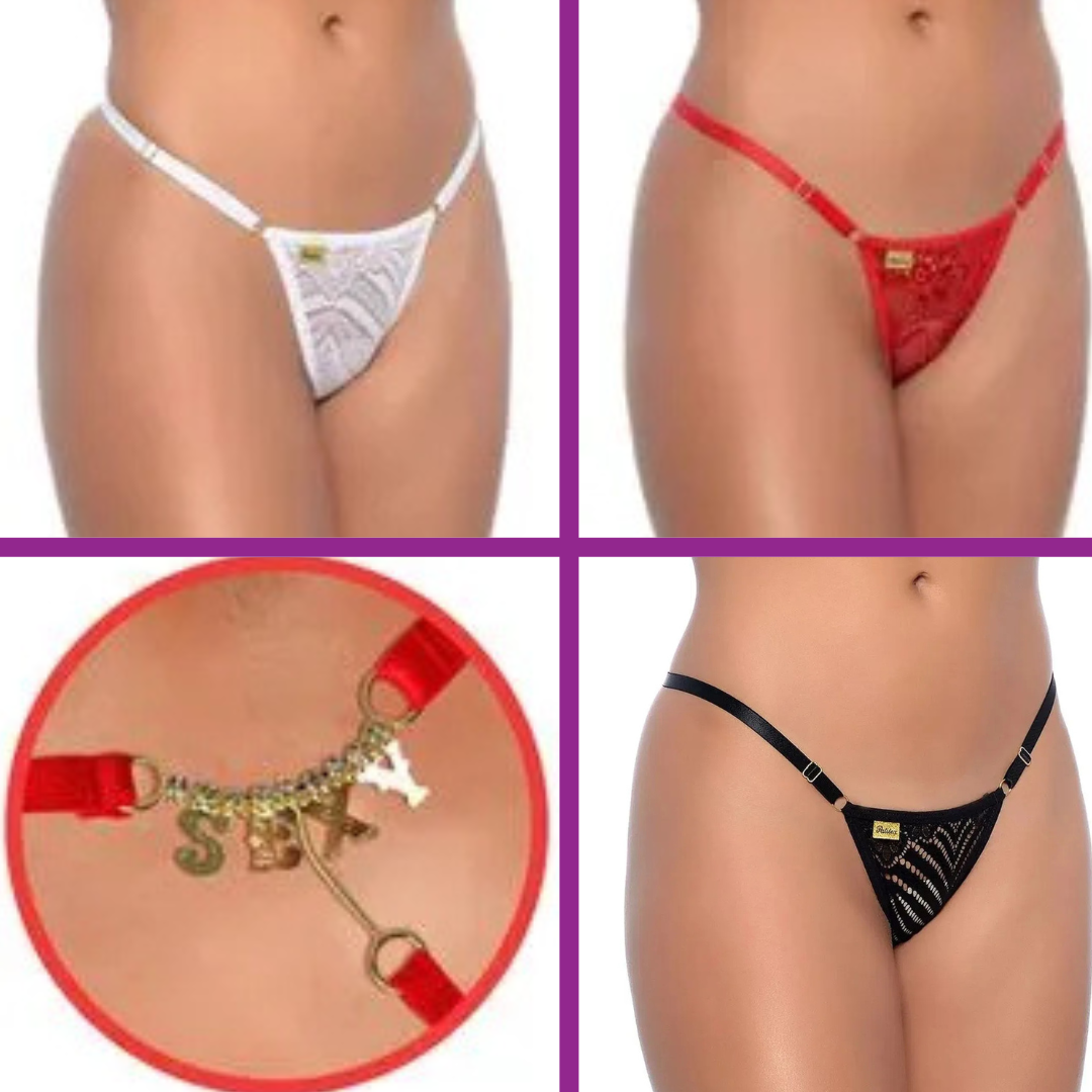 Tanga Sexy com Abertura Frontal e Strass "Sexy"