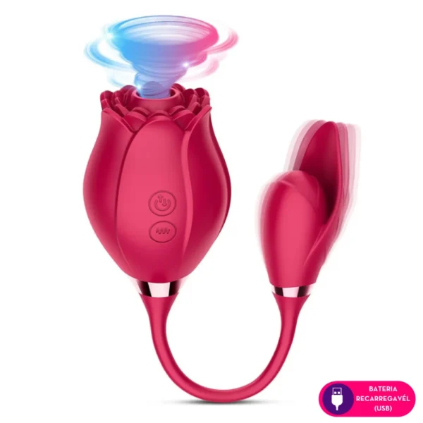 Estimulador com Sugador Clitoriano Duplo Rosa e Folha  | Vermelho | USB - Imagem 2